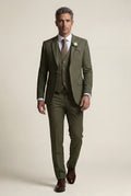 Olive Notch Lapel Tailored Three-piece Suit - Photo 50