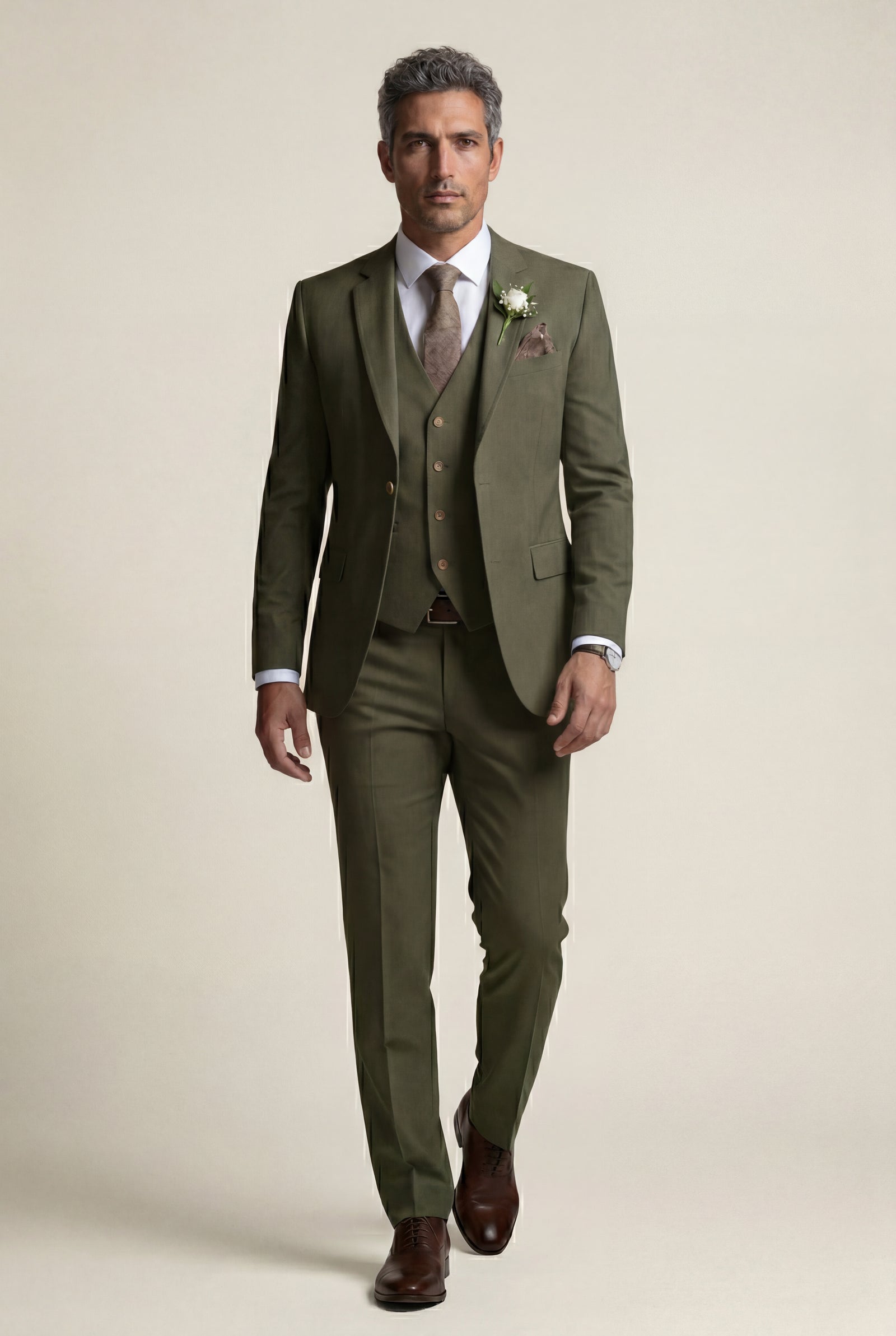 Olive Notch Lapel Tailored Three-piece Suit - Photo 50