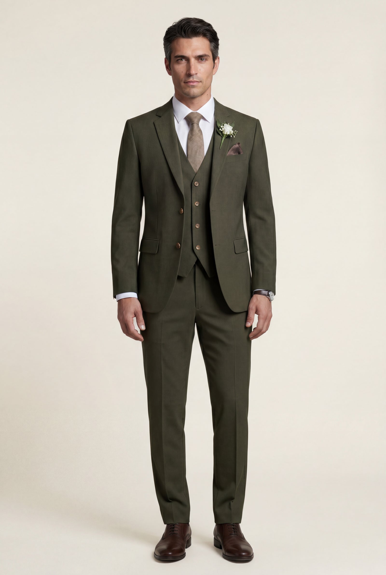 Three-Piece Formal Suit - Olive - Photo 1