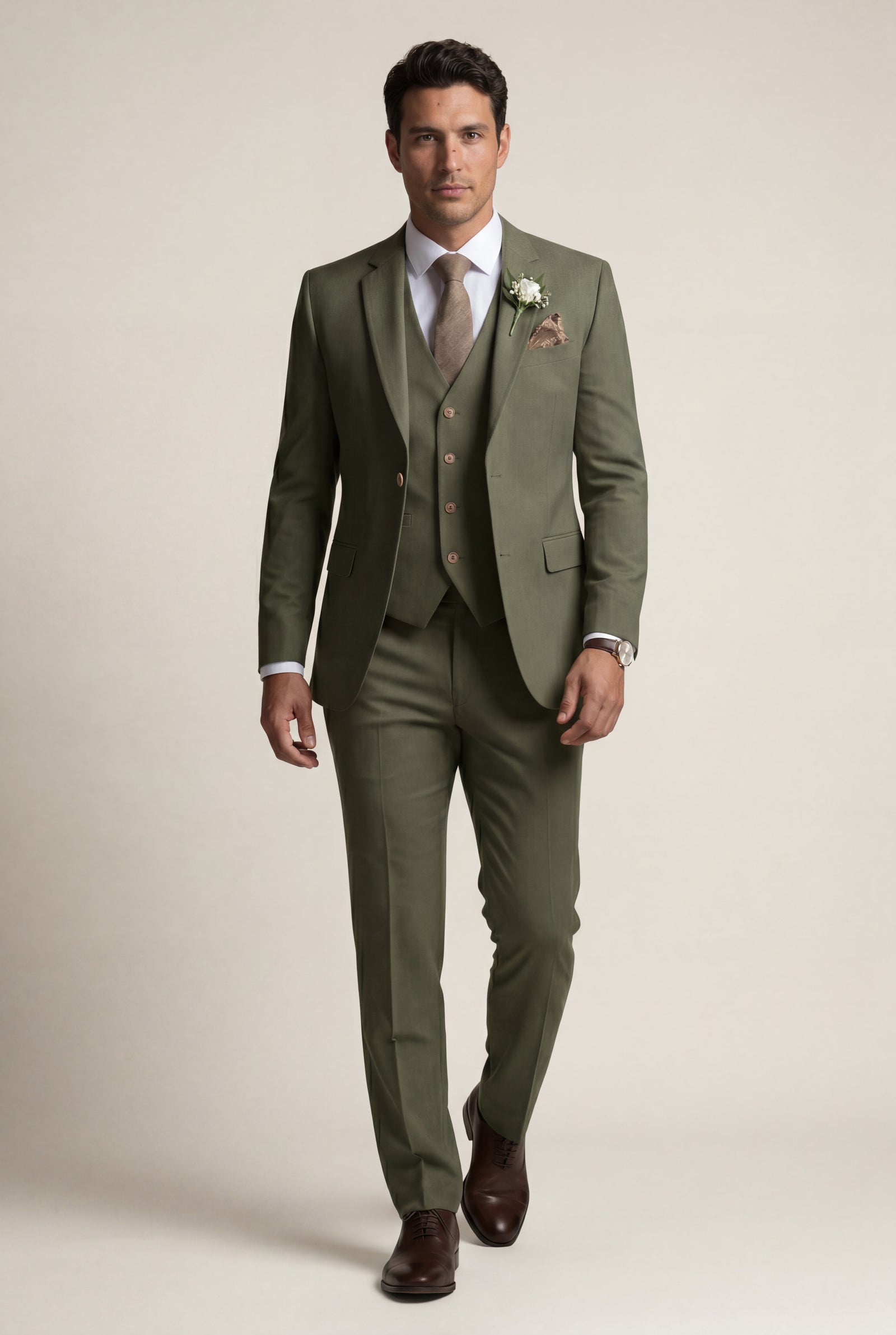 Three-Piece Formal Suit - Olive - Photo 1
