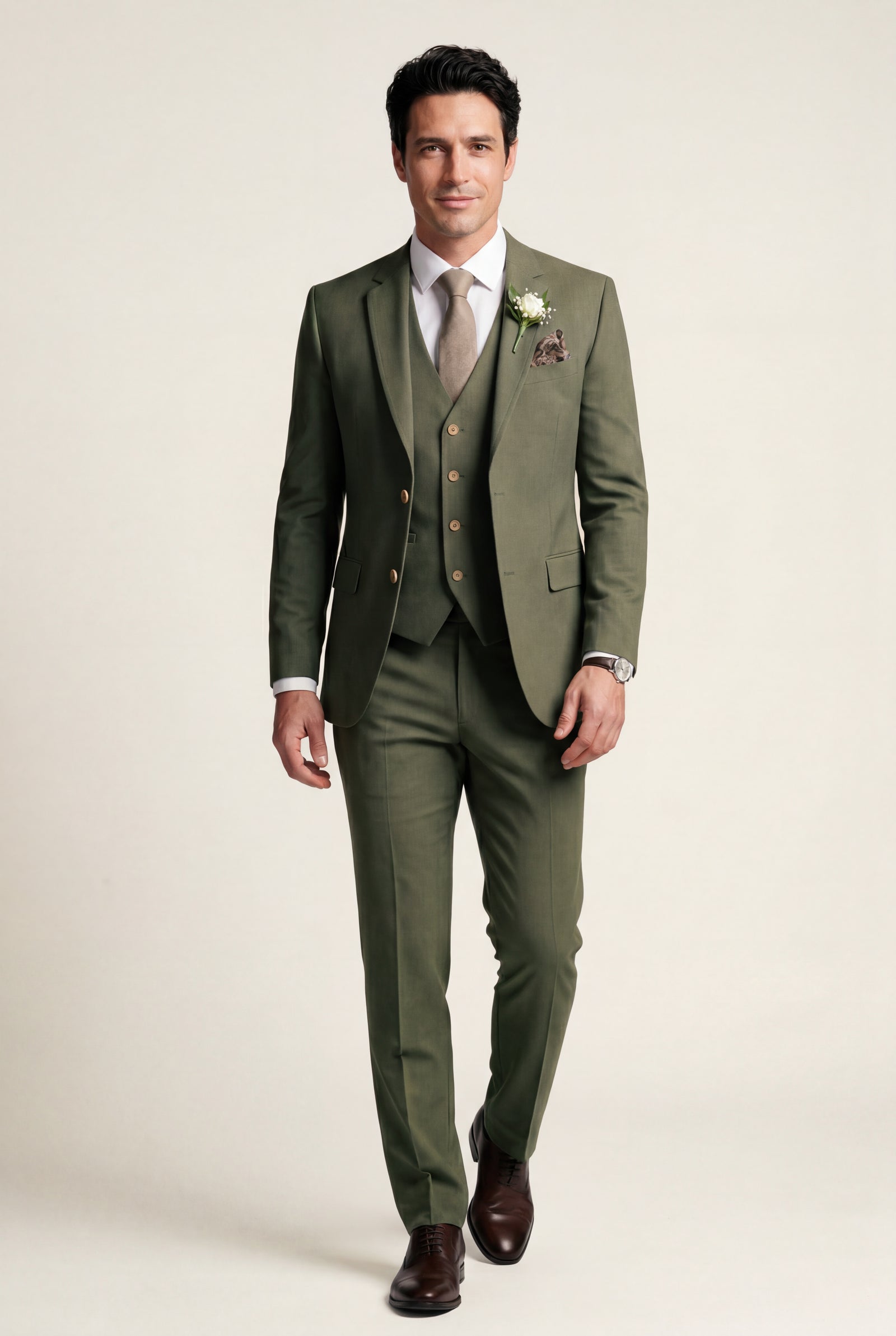 Three-Piece Formal Suit - Olive - Photo 1