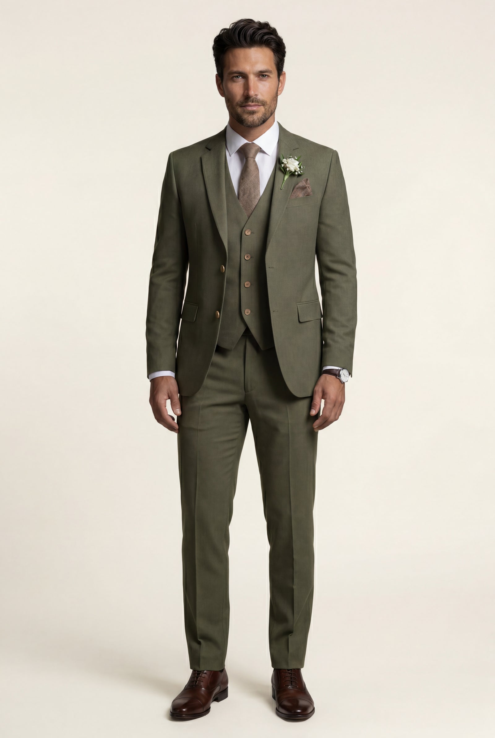 Three-Piece Formal Suit - Olive - Photo 1