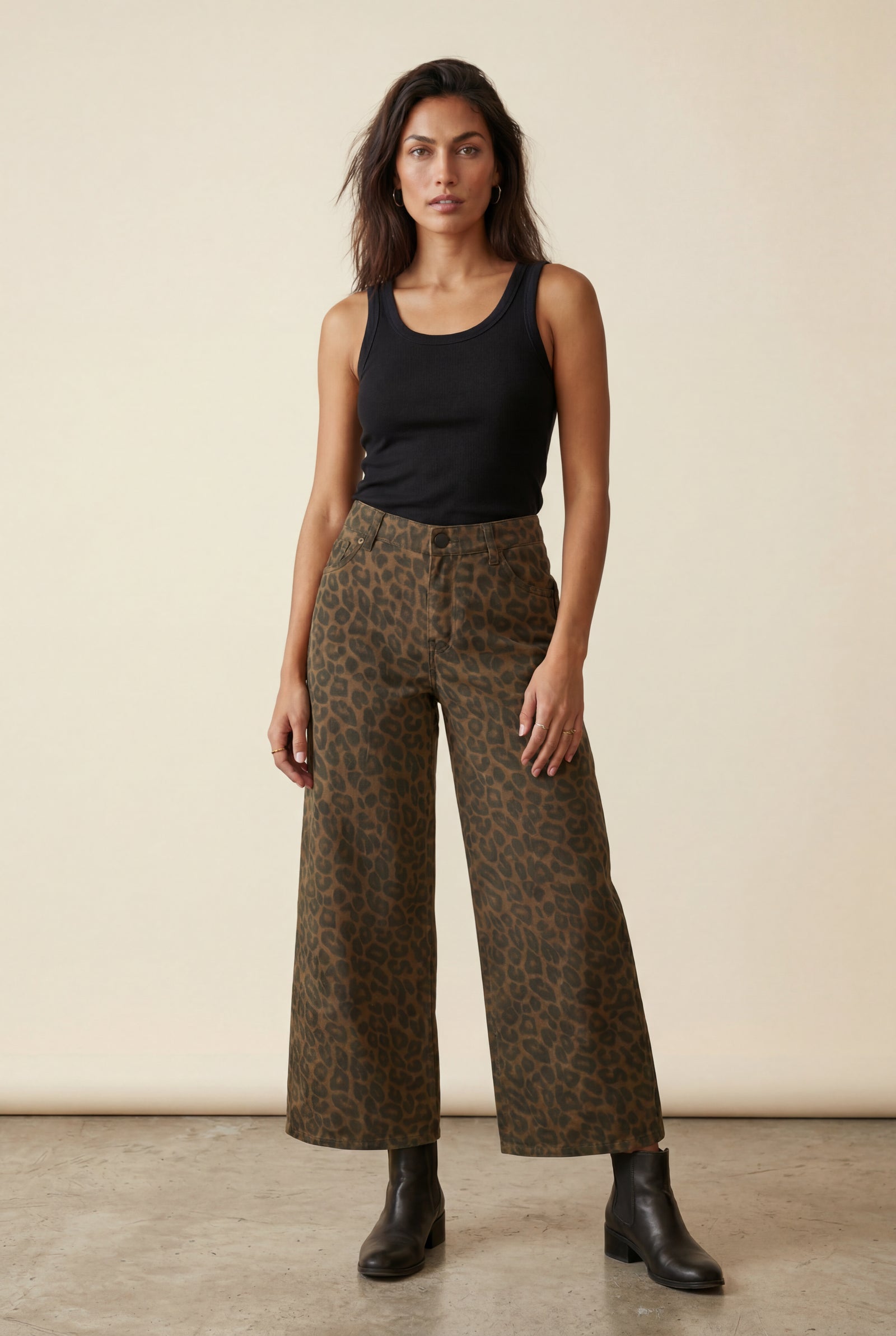Brown Olive Green Leopard Print Wide-leg High-waisted Trousers - Wide leg trousers - Photo 1