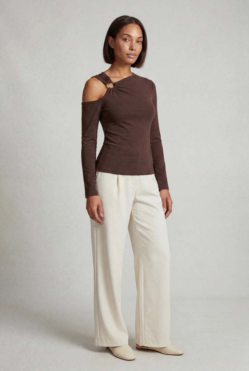 Brown One-shoulder Ribbed Top with Gold Ring Detail - One shoulder top - Photo 4
