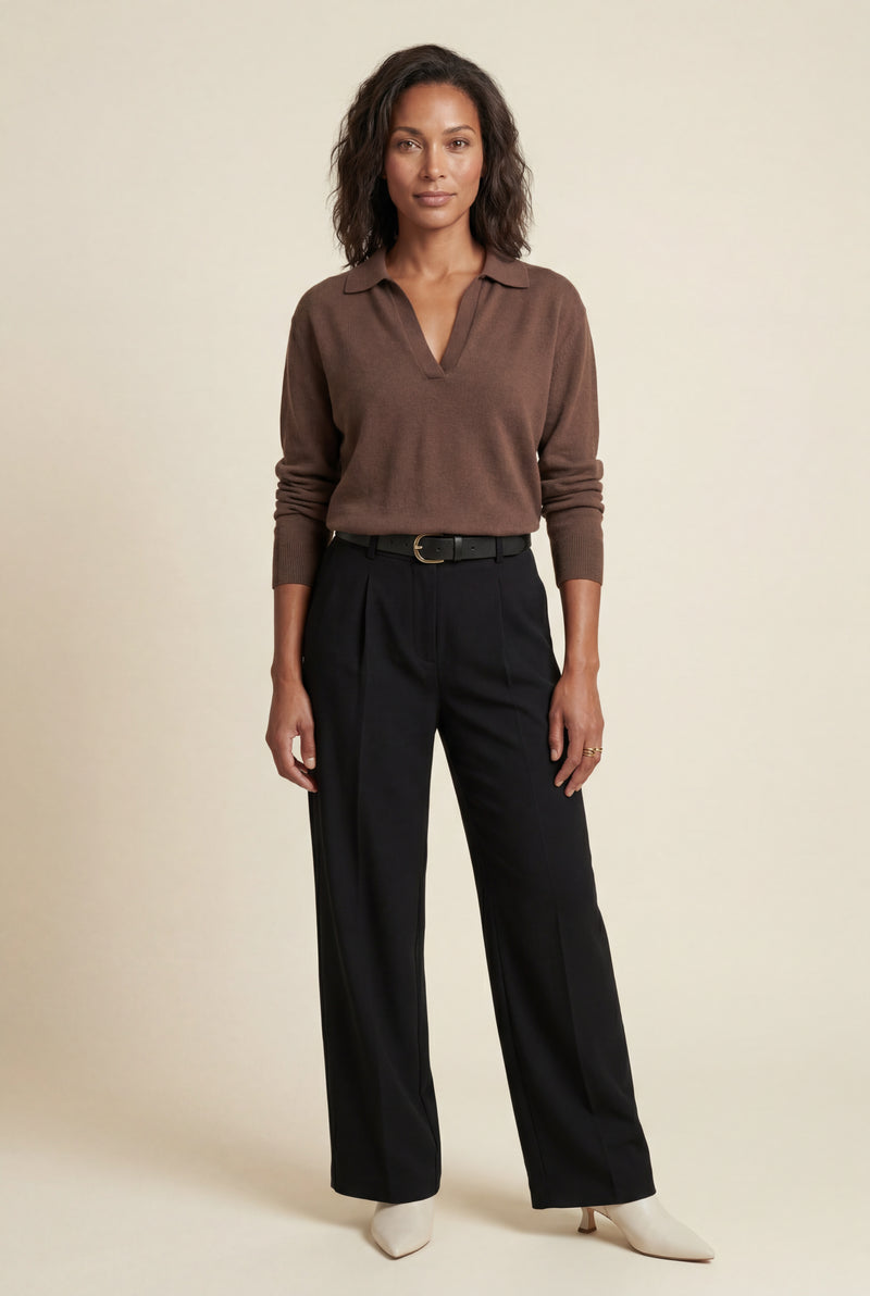 Brown Open Collar V-neck Fine Relaxed Sweater - Casual sweater - Photo 3