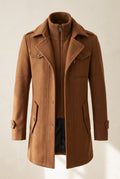 Overcoat with Knit Collar in Brown — studio front