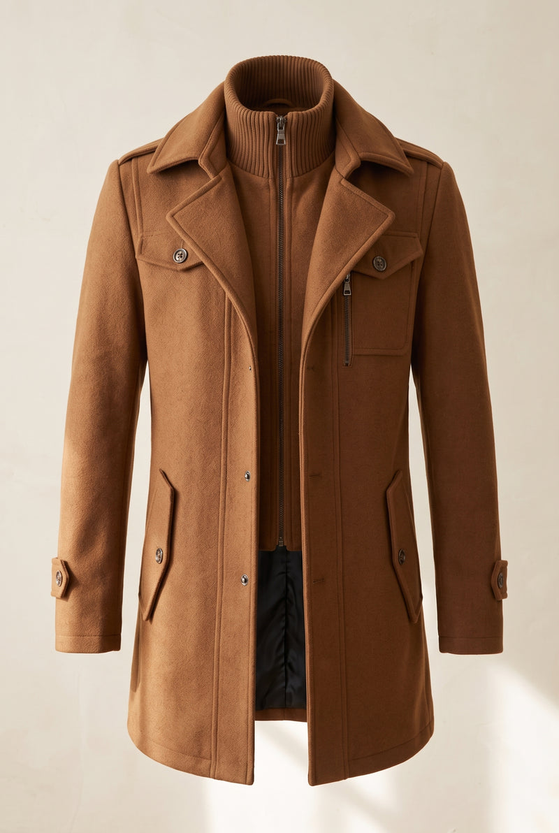 Overcoat with Knit Collar in Brown — studio front