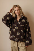 Oversized Floral Teddy Fleece Jacket in Brown — studio front