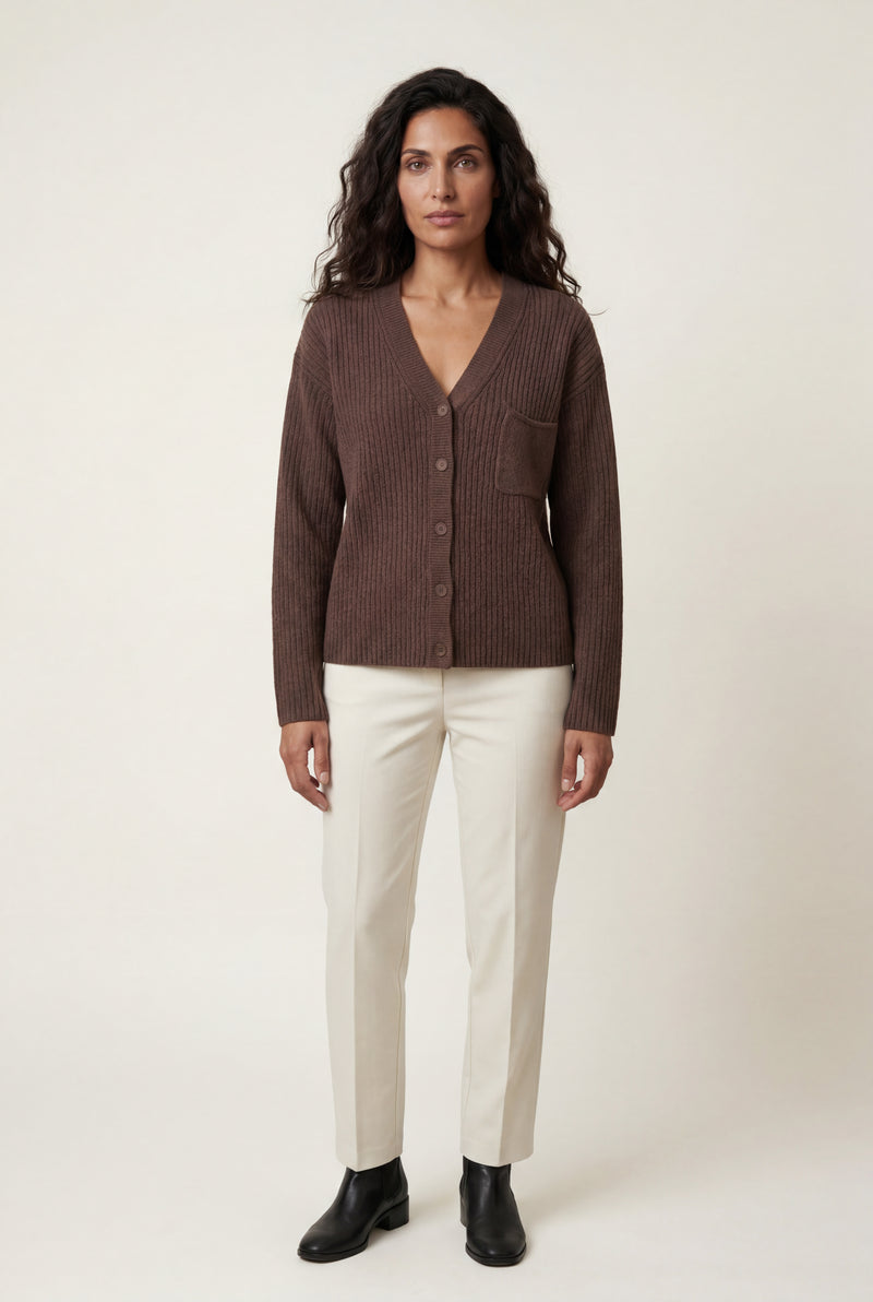 Brown Oversized Ribbed Button-up Cardigan with Deep V-neck - Oversized cardigan - Photo 2