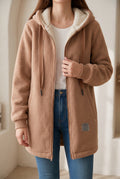 Plush Hooded Fleece Jacket in Brown — studio front