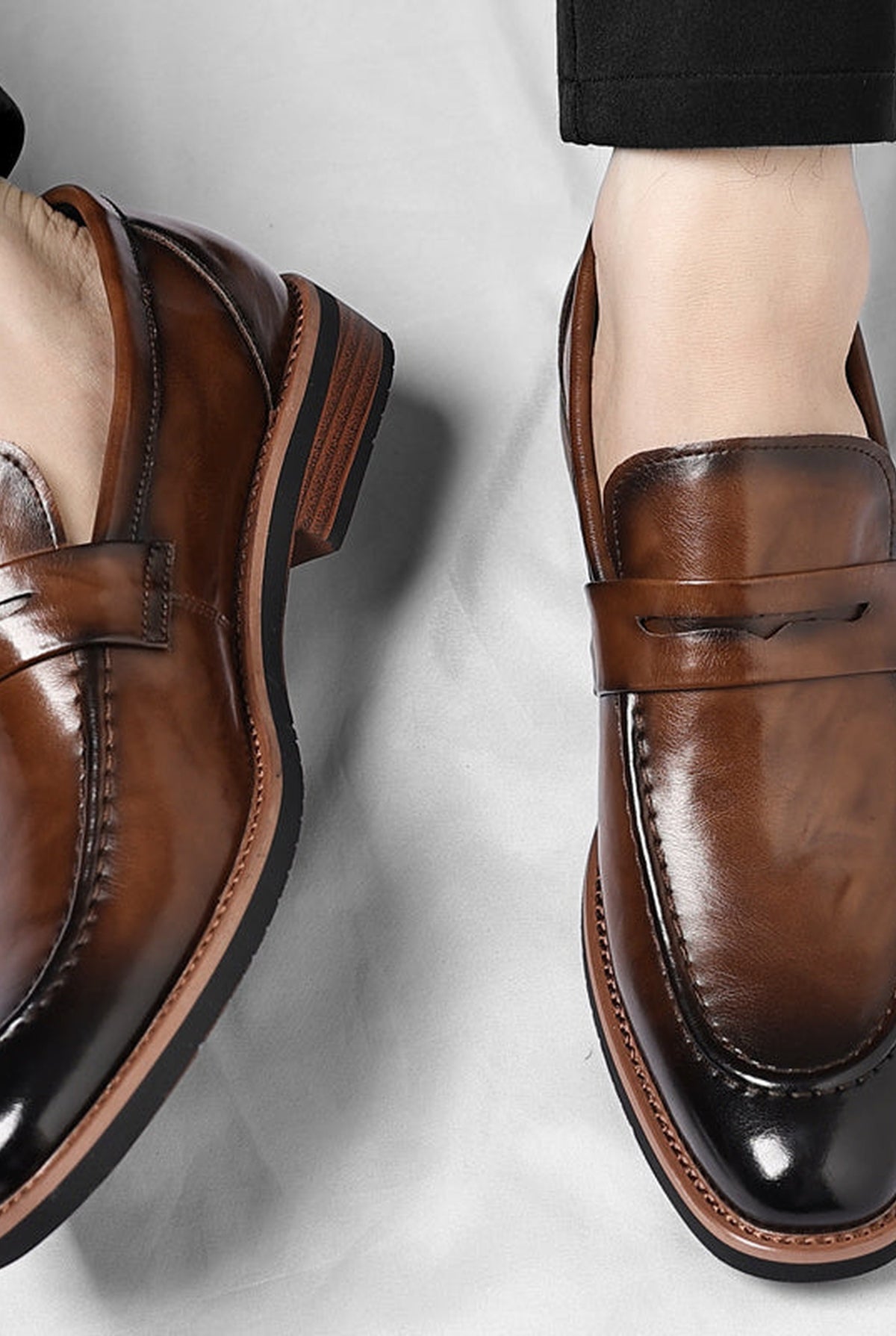 Polished Leather Penny Loafers in Brown — side