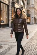 Puffer Jacket Faux Fur Hood in Brown — lifestyle