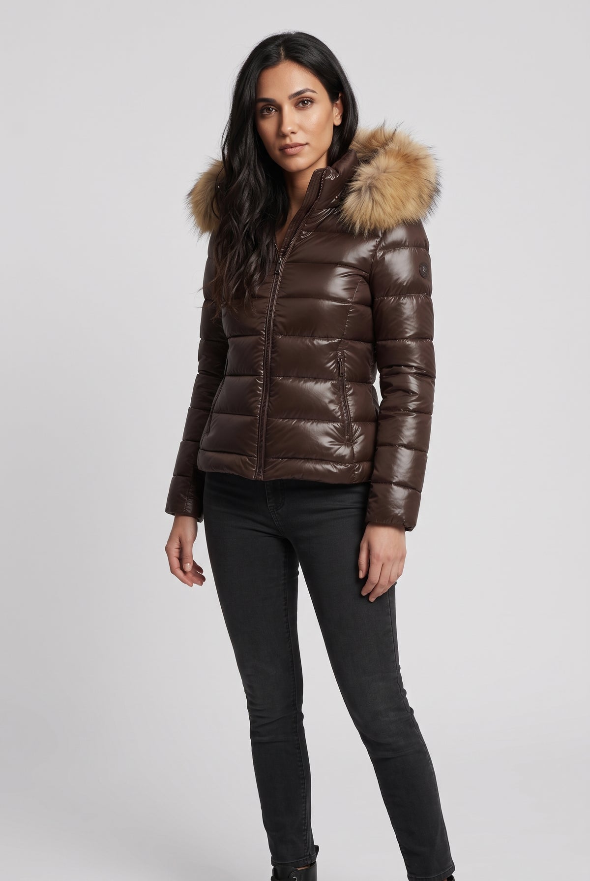 Puffer Jacket Faux Fur Hood in Brown — studio front