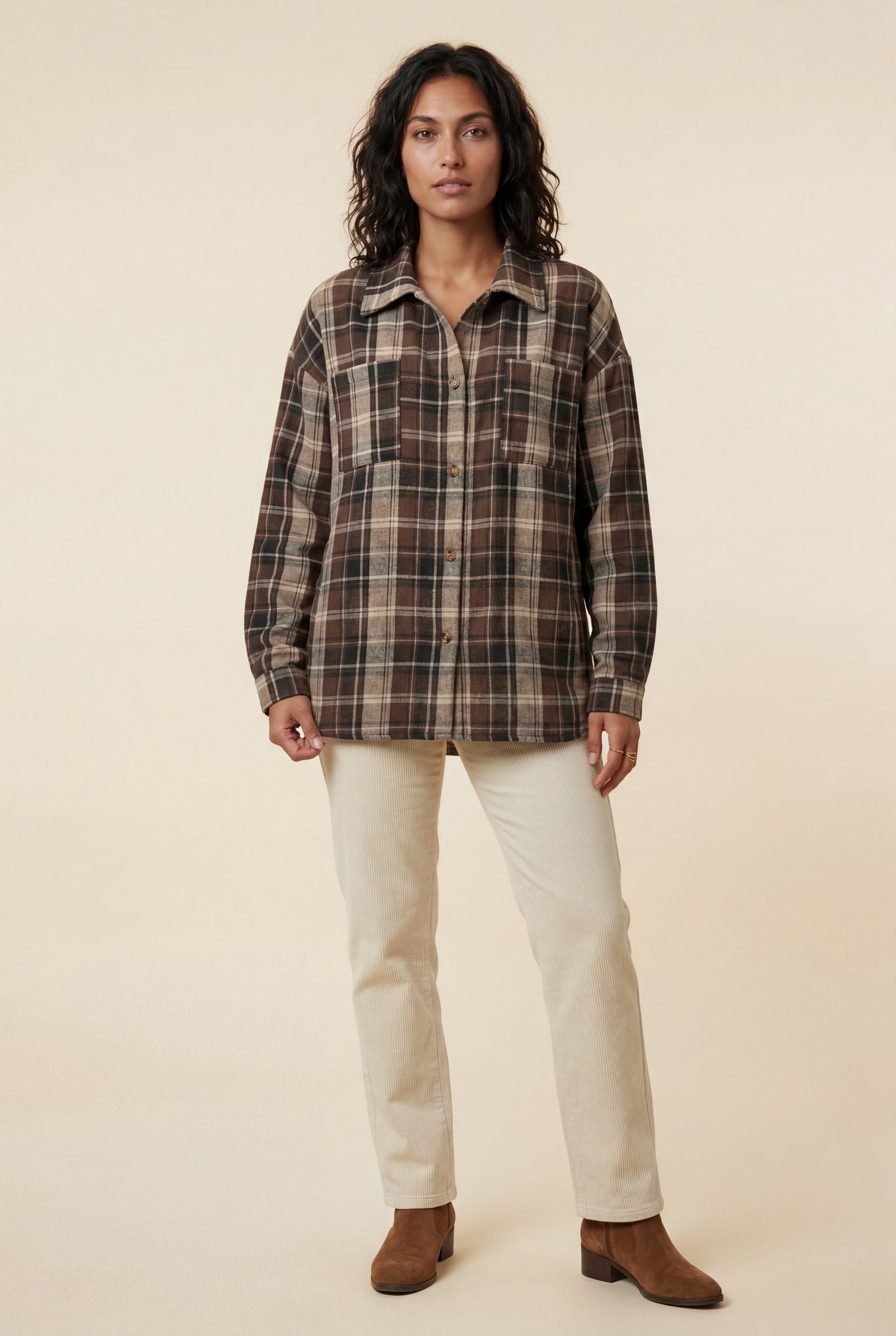 Brown Relaxed Fit Checked Long Sleeve Shirt with Classic Collar - Checked shirts - Photo 16