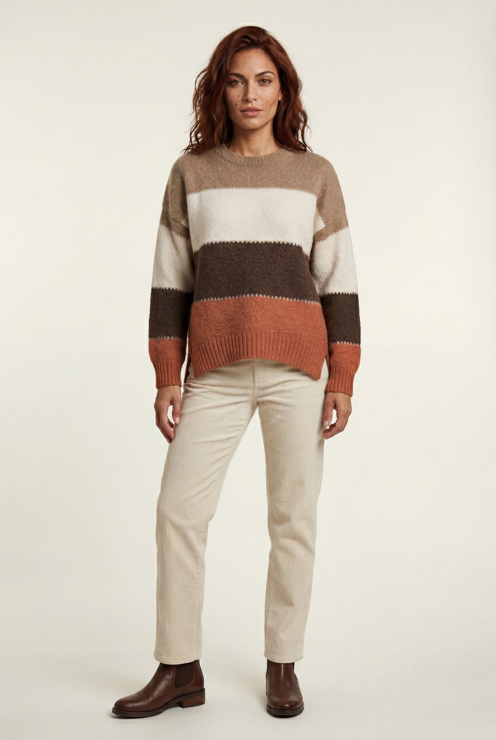 Brown Relaxed Fit Fuzzy Striped Crewneck Sweater - Sweaters - Photo 1
