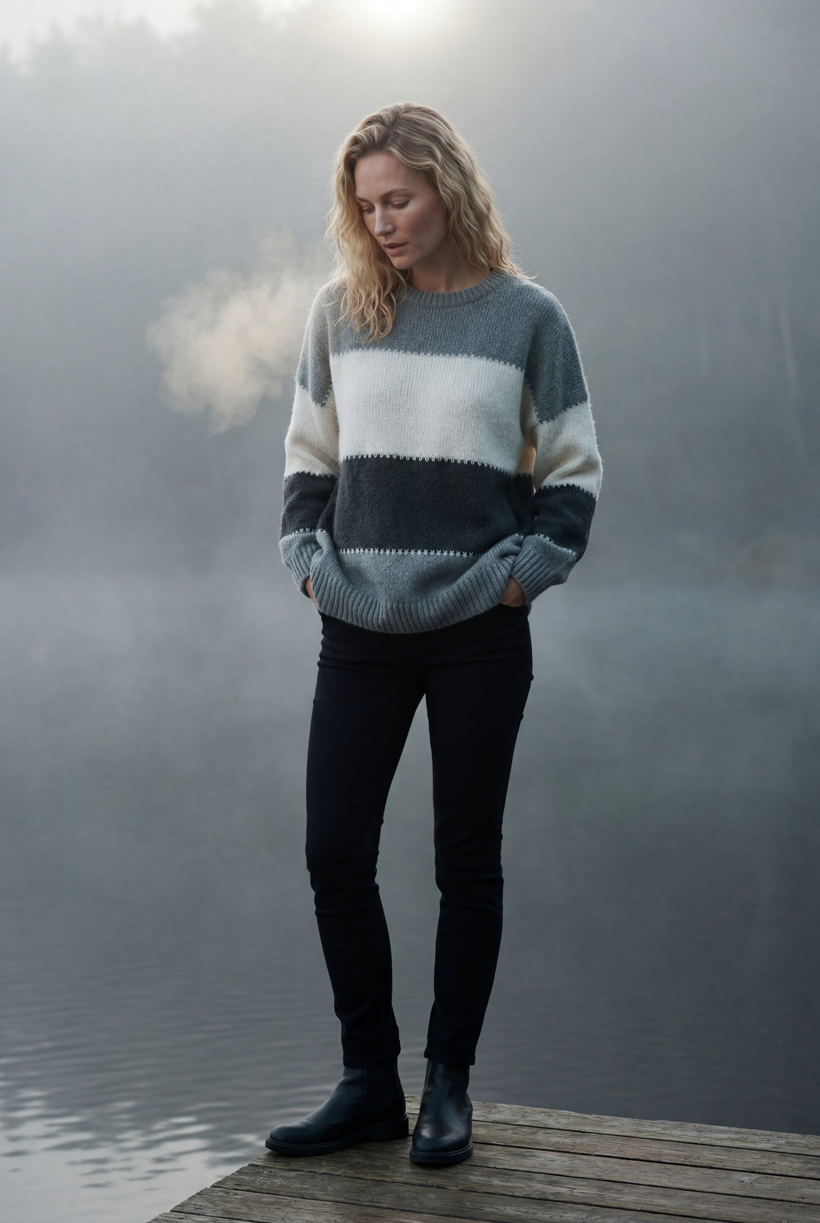 Gray Relaxed Fit Fuzzy Striped Crewneck Sweater - Sweaters - Photo 6