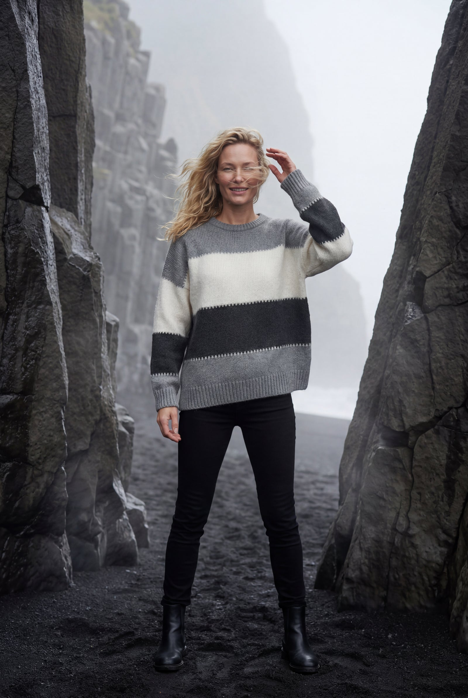 Gray Relaxed Fit Fuzzy Striped Crewneck Sweater - Sweaters - Photo 7