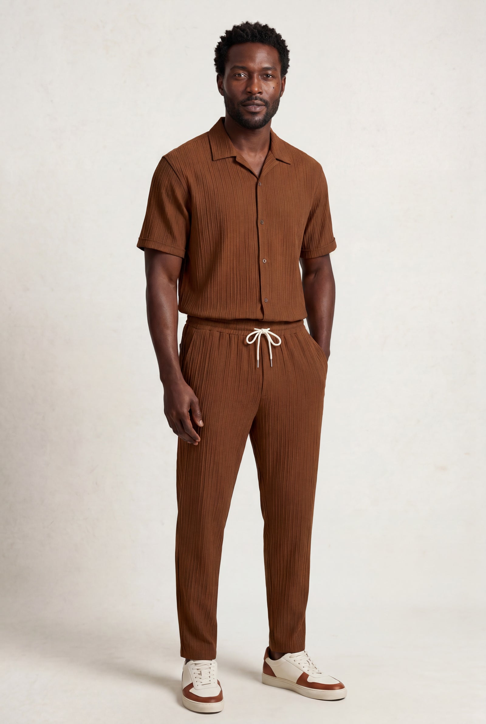 Brown Relaxed Pleated Shirt and Pants Set with Camp Collar - Shorts set - Photo 1