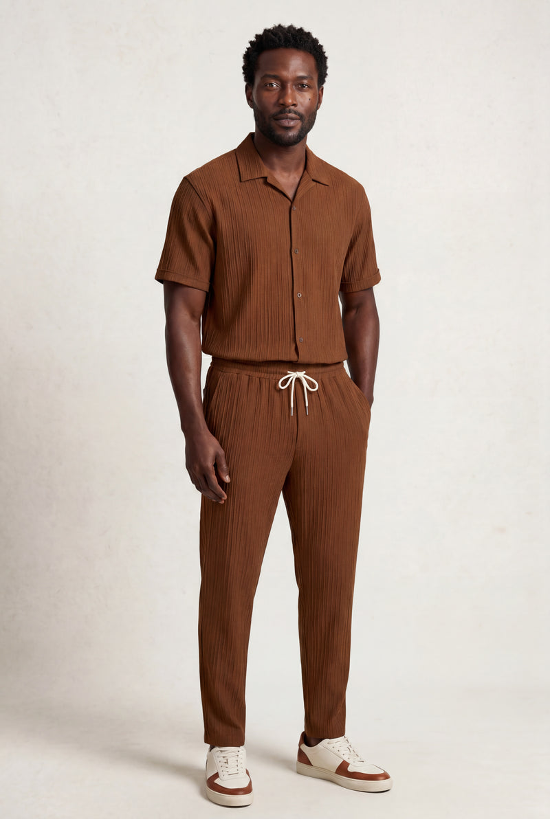 Brown Relaxed Pleated Shirt and Pants Set with Camp Collar - Shorts set - Photo 1