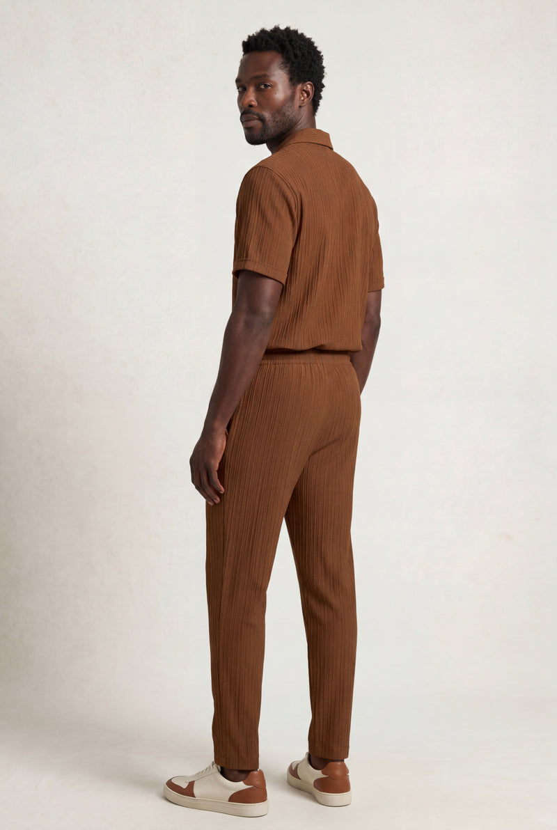 Brown Relaxed Pleated Shirt and Pants Set with Camp Collar - Shorts set - Photo 3