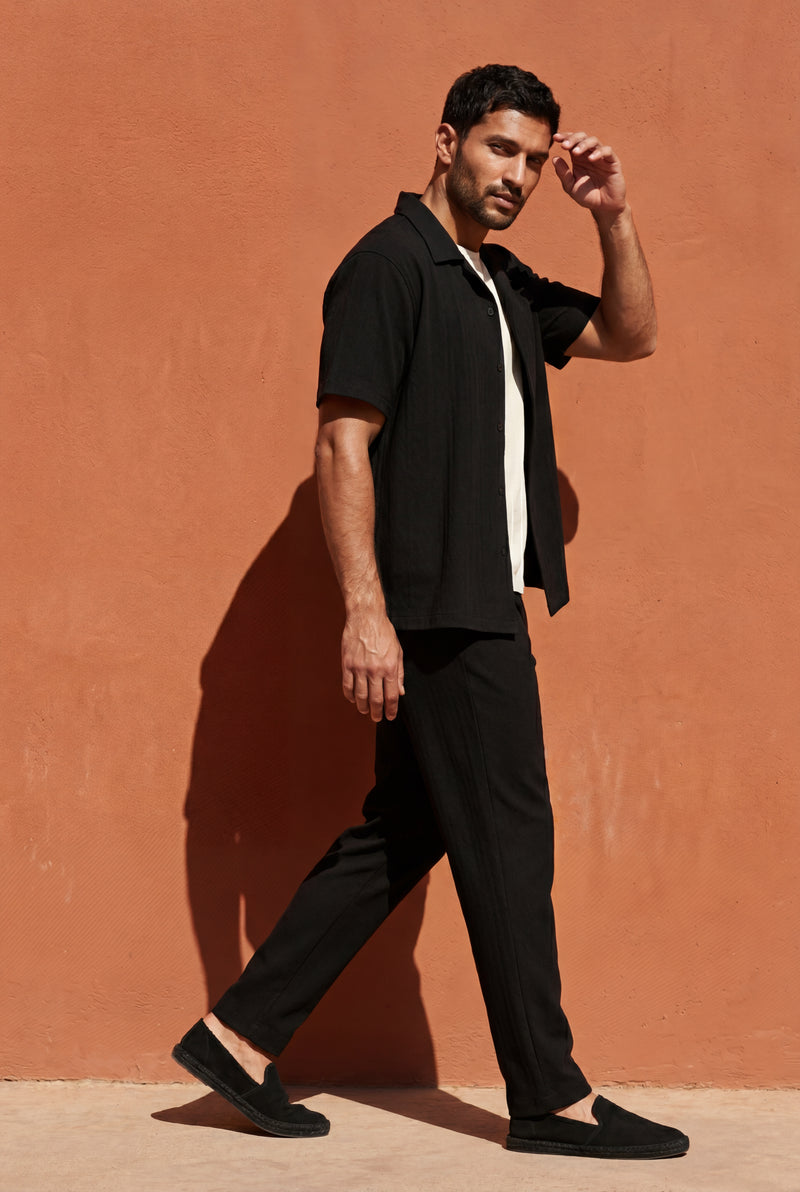 Black Relaxed Pleated Shirt and Pants Set with Camp Collar - Shorts set - Photo 4
