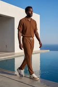 Brown Relaxed Pleated Shirt and Pants Set with Camp Collar - Shorts set - Photo 7