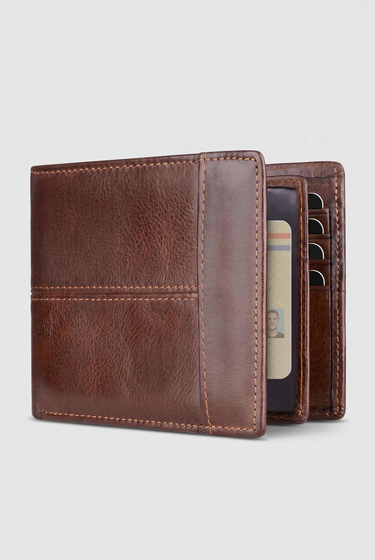 RFID-Blocking Leather Bifold Wallet in Brown — studio front