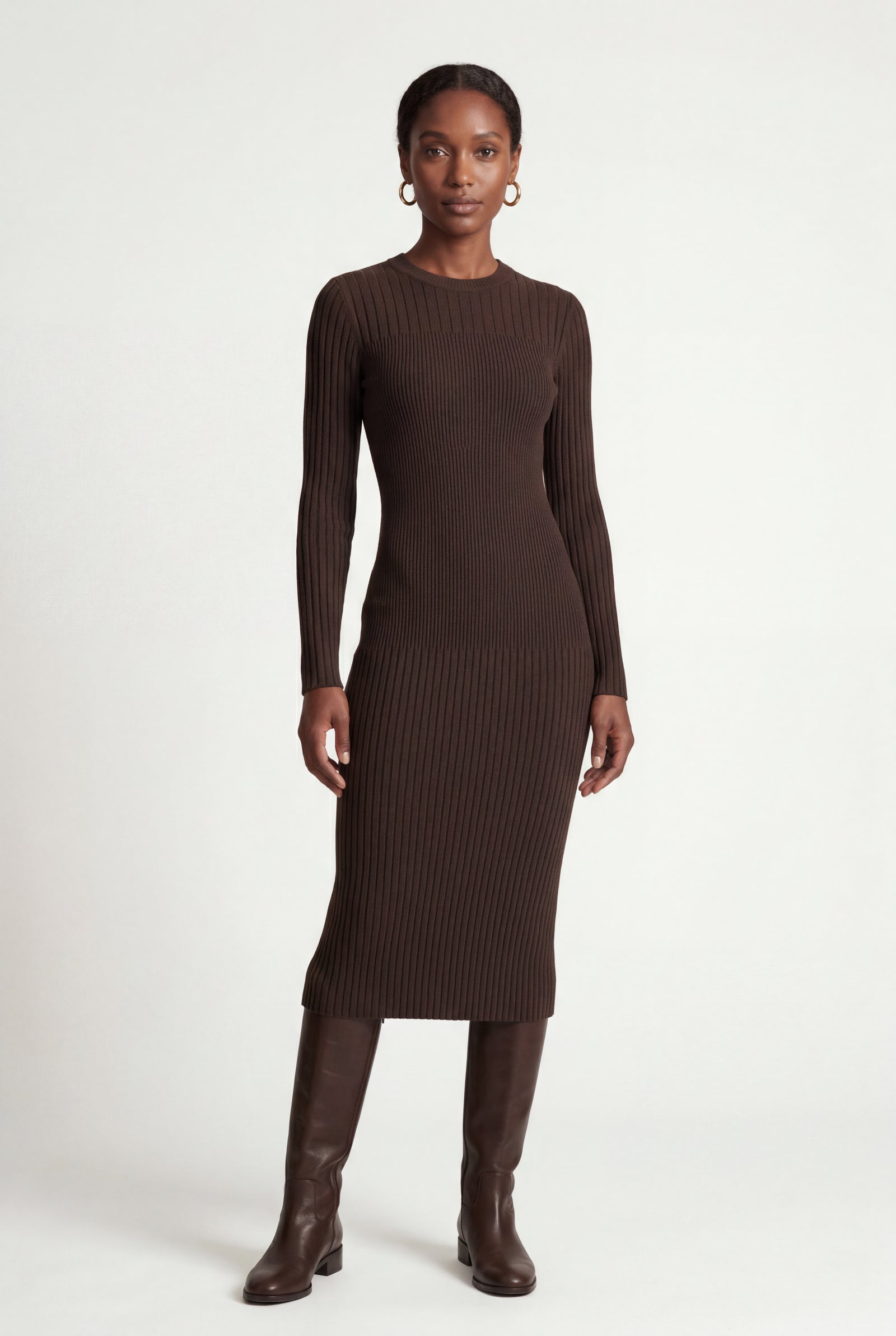 Brown Ribbed Bodycon Midi Dress with Long Sleeves - Bodycon dress - Photo 9