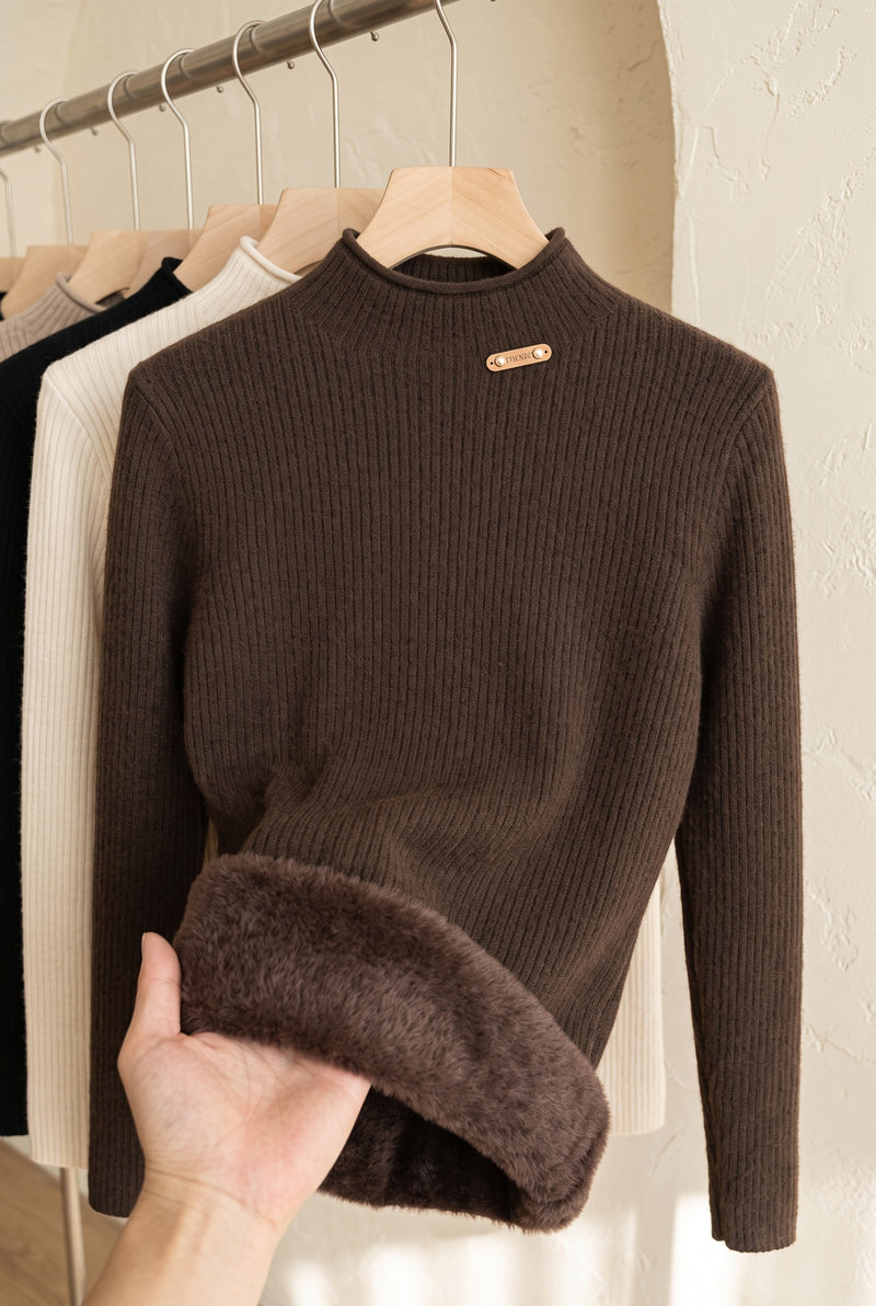 Ribbed High-Neck Sweater in Brown — studio front