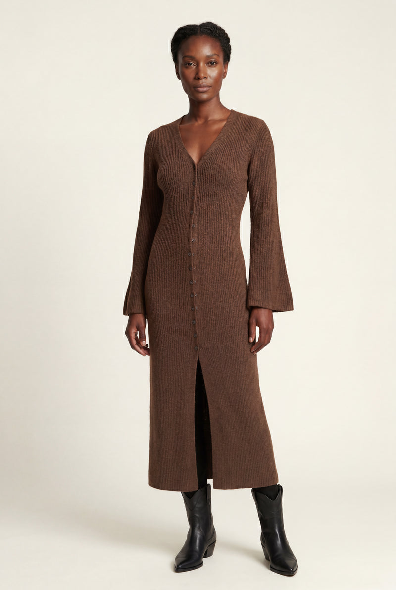 Brown Ribbed Maxi Cardigan with Flared Sleeves - Photo 4