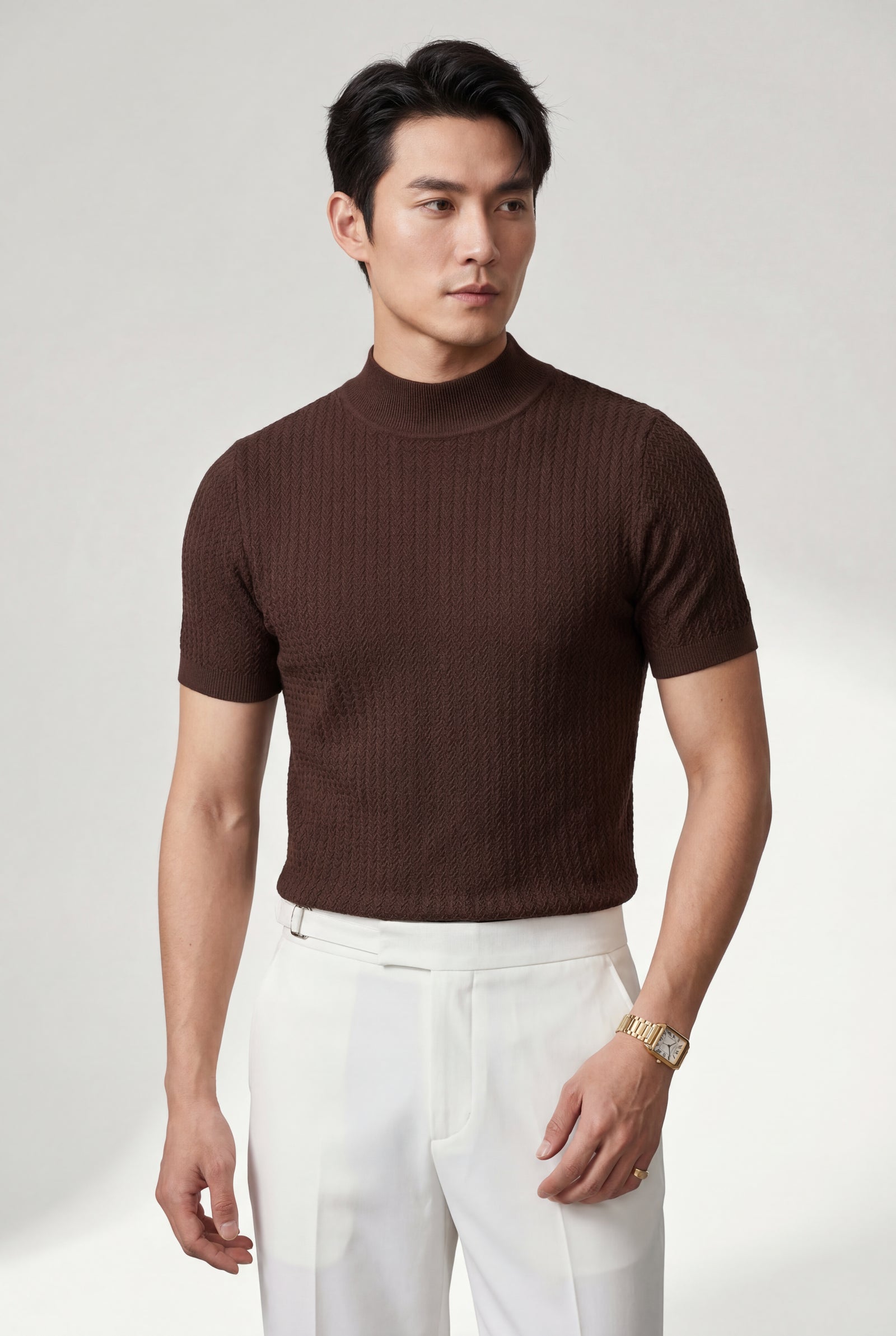 Brown Ribbed Mock Neck Short Sleeve Sweater Shirt - Short sleeve shirt - Photo 2