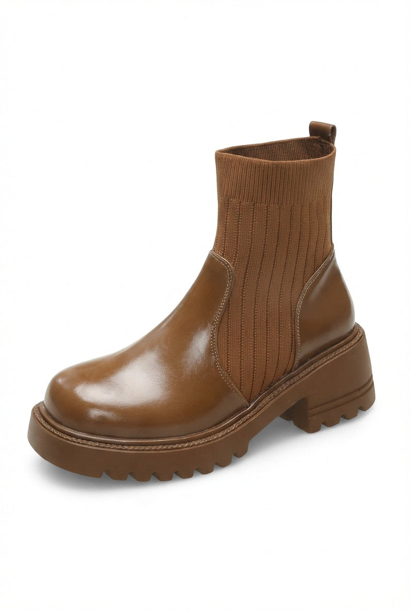 Brown Ribbed Sock Chunky Block Heel Ankle Boots - Mid heel ankle boots - Photo 1