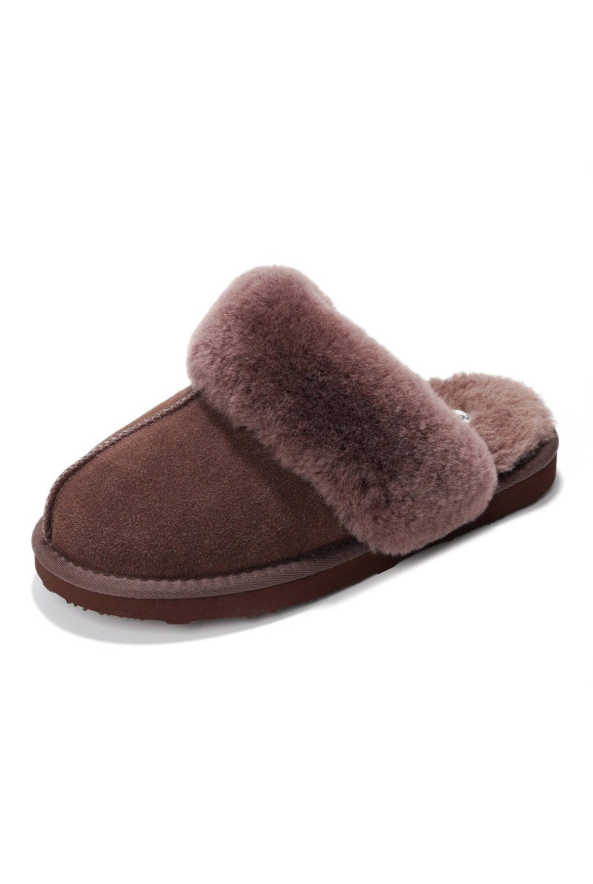 Shearling Open-Back Slippers in Brown — front view