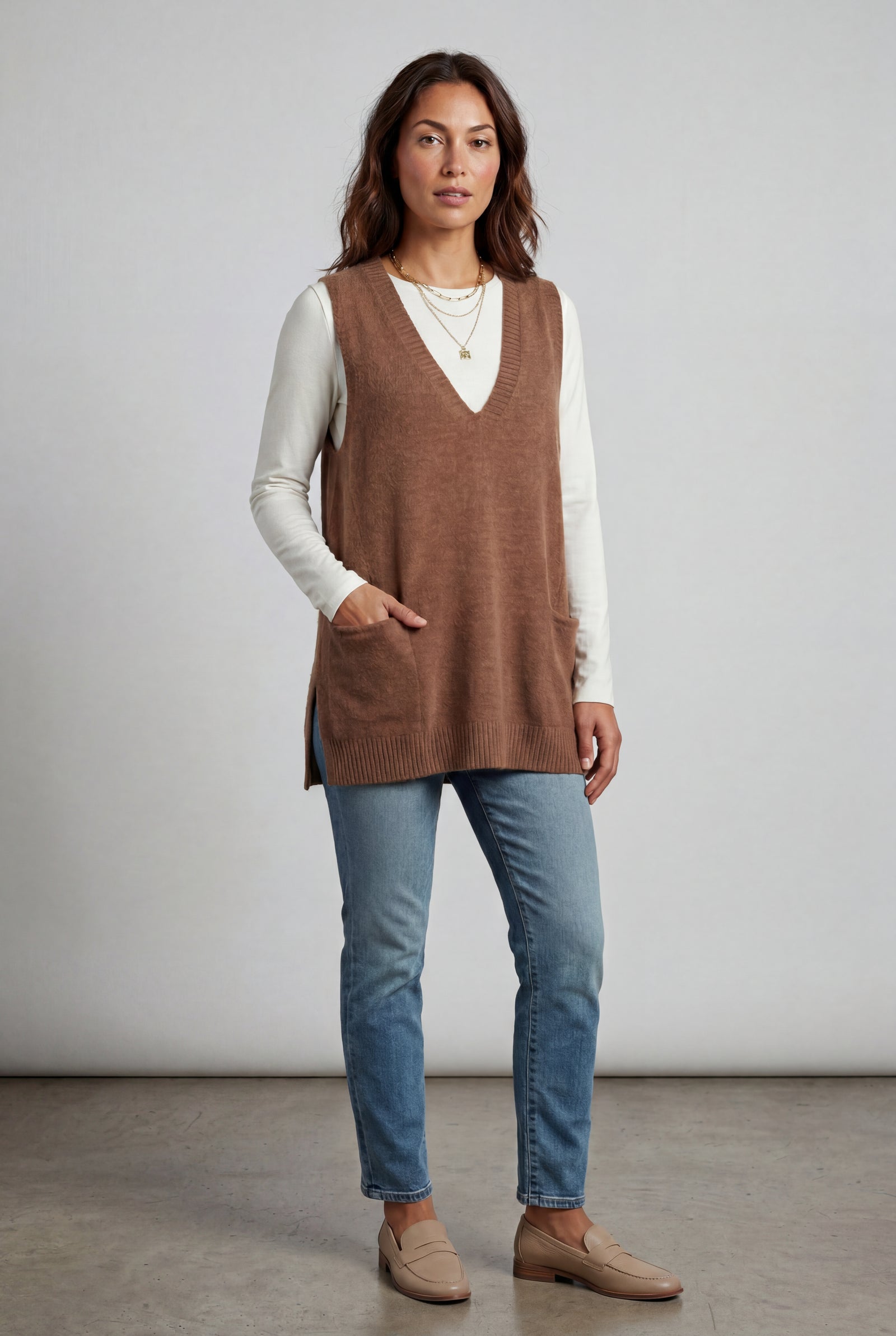 Brown Sleeveless V-neck Cardigan Dress with Pocket - Sleeveless cardigan - Photo 13
