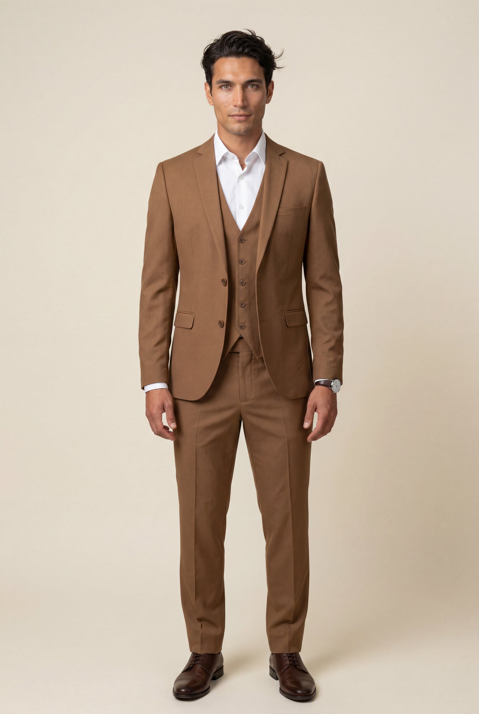 Brown Slim Fit Three Piece Wedding Suit with Vest - Wedding suits - Photo 1