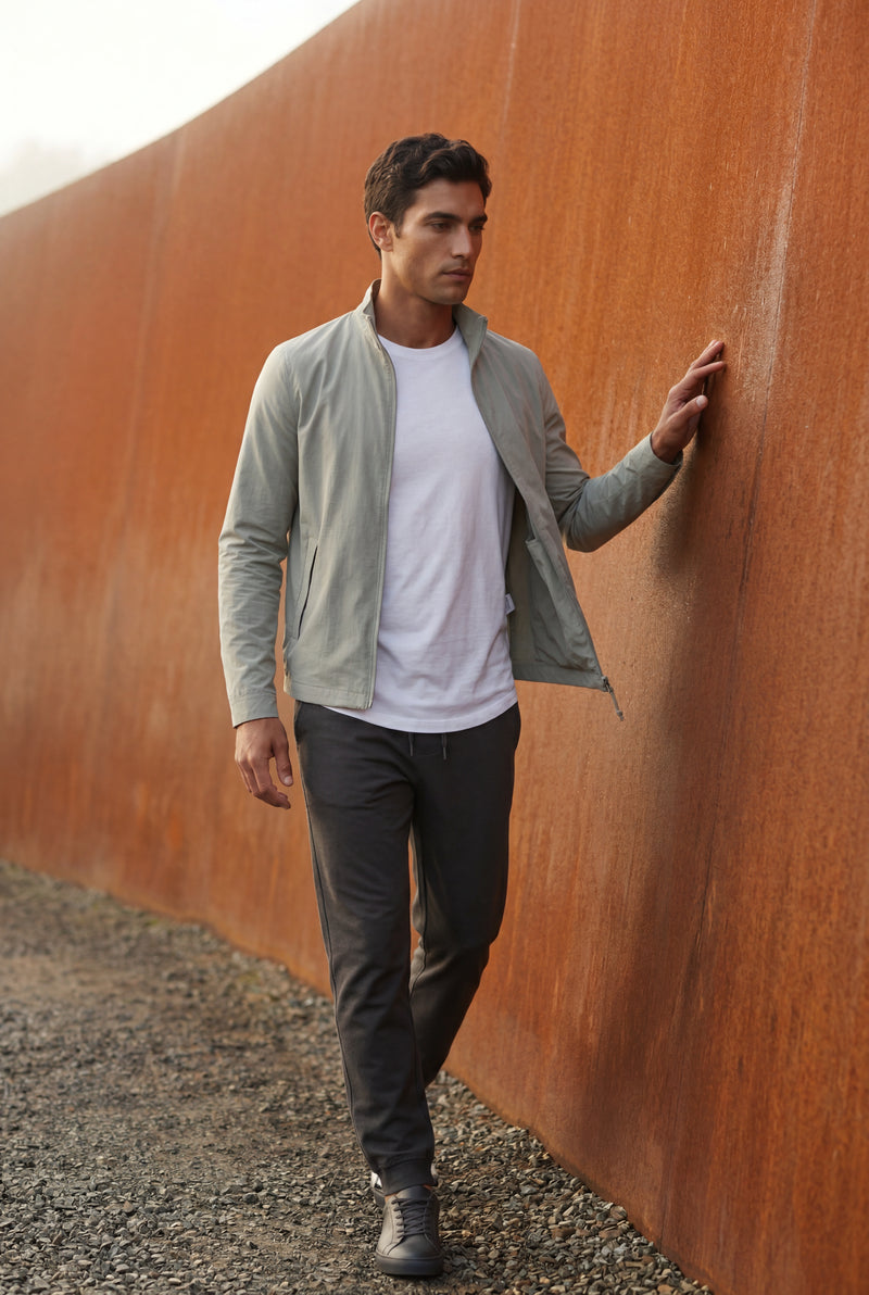 Light Gray Slim Fit Zip-front Stand Collar Casual Jacket - Photo 3