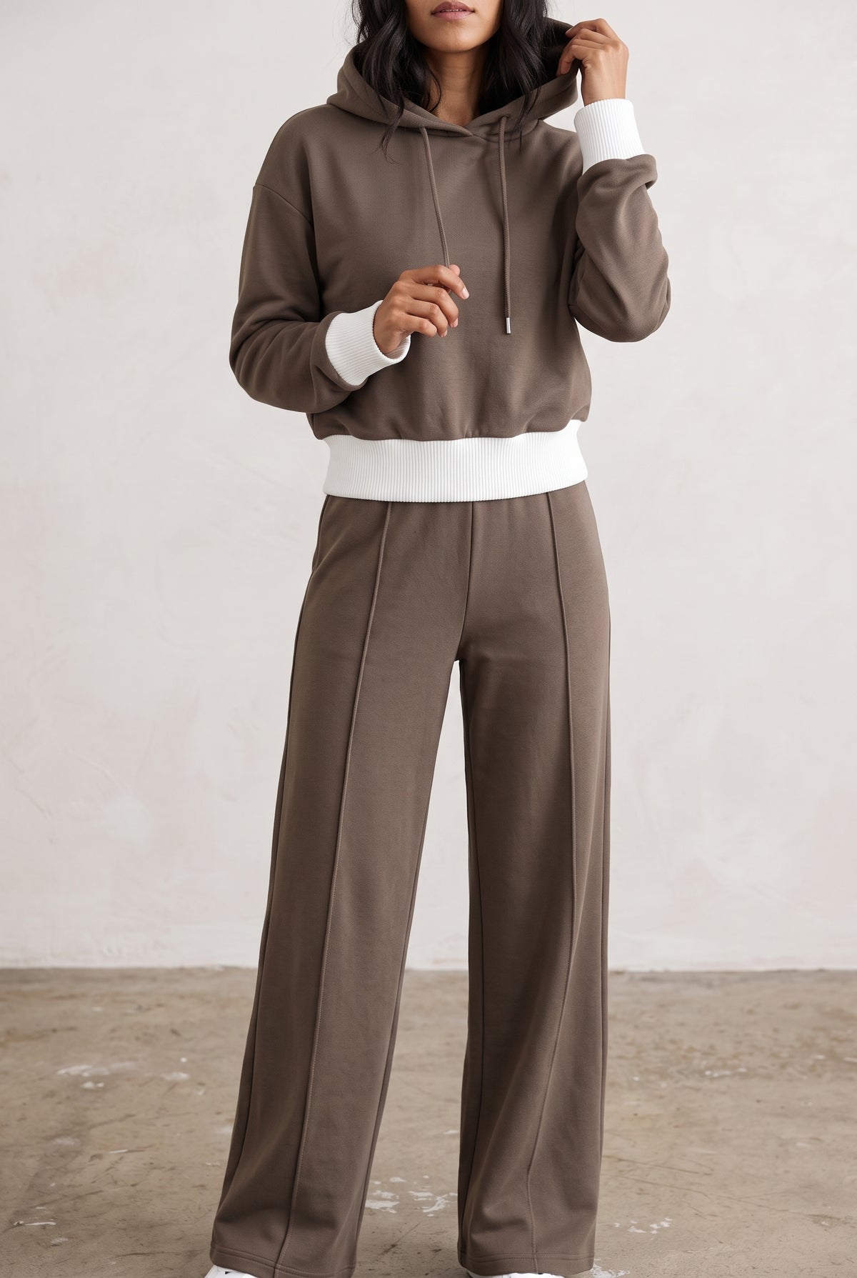 Smooth Knit Hoodie Jogger Set in Brown — studio front