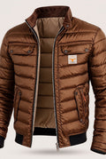 Stand Collar Puffer Jacket in Brown — front view