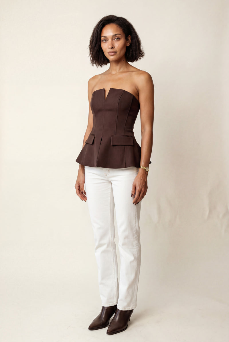 Brown Strapless Notched Peplum Architectural Top - Peplum top - Photo 3