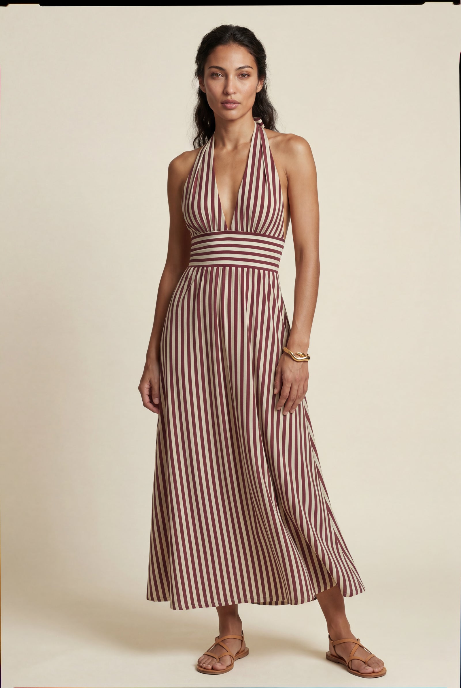 Brown Striped Halter Neck A-line Maxi Dress with Deep V - Photo 10
