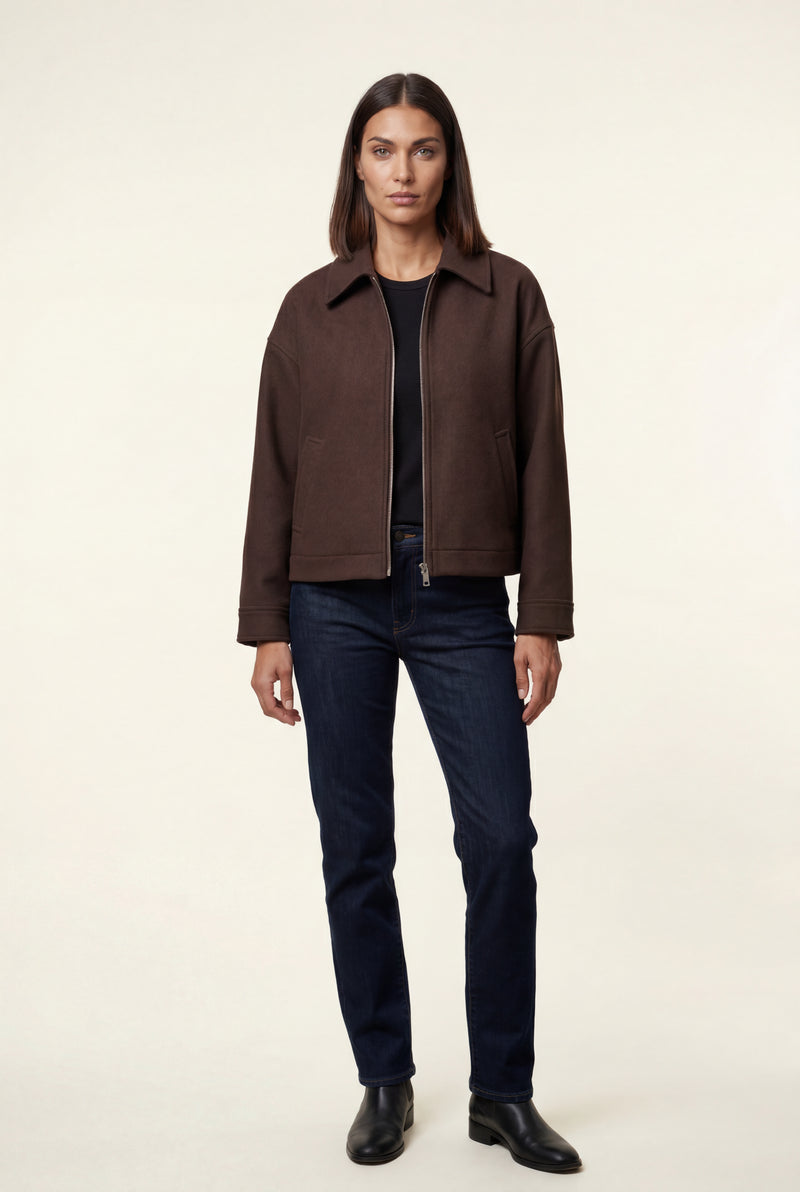 Brown Structured Zip-up Boxy Collared Jacket - Zip up jacket - Photo 2