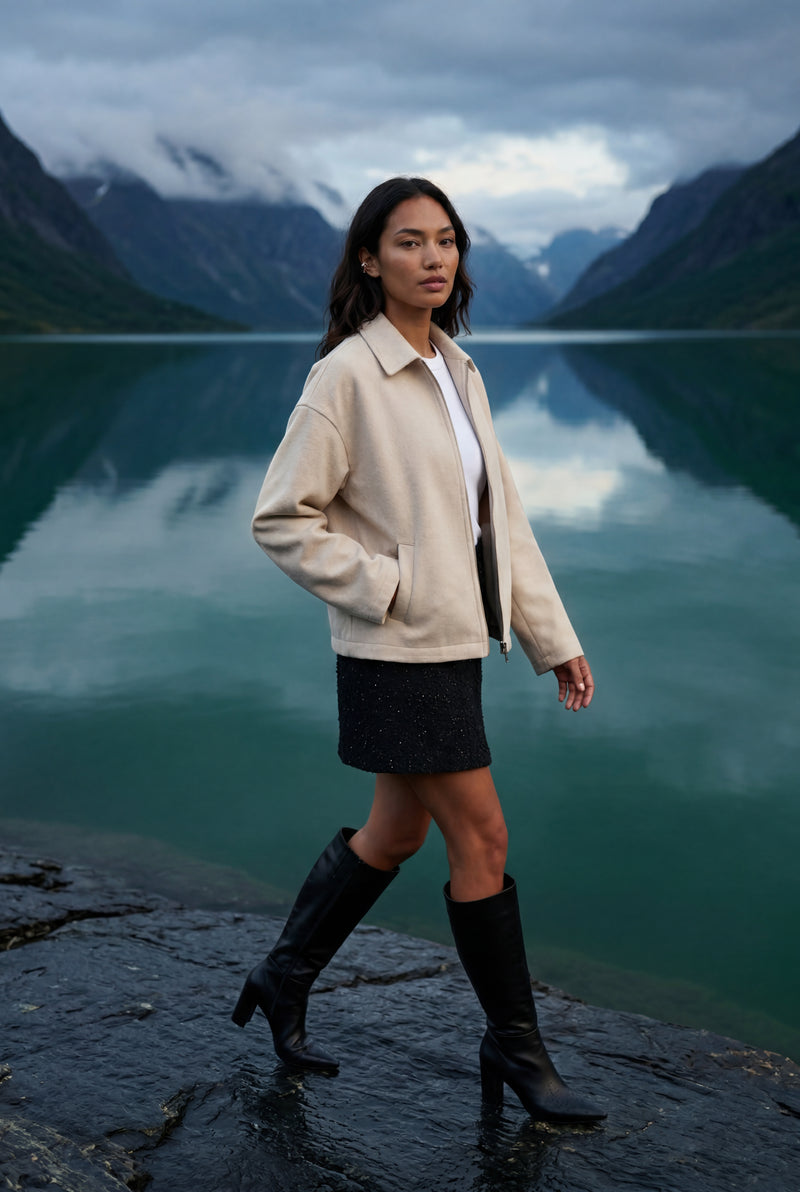 Beige Structured Zip-up Boxy Collared Jacket - Zip up jacket - Photo 4