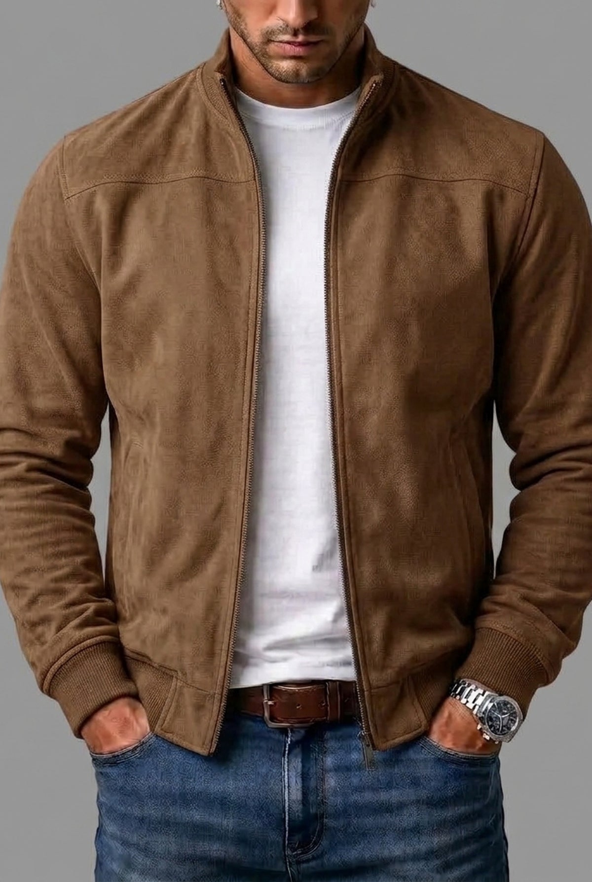 Suede Bomber Jacket in Brown — front view