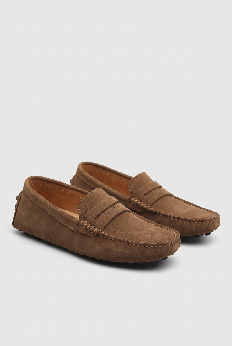 Suede Moccasin Loafers in Brown — studio front