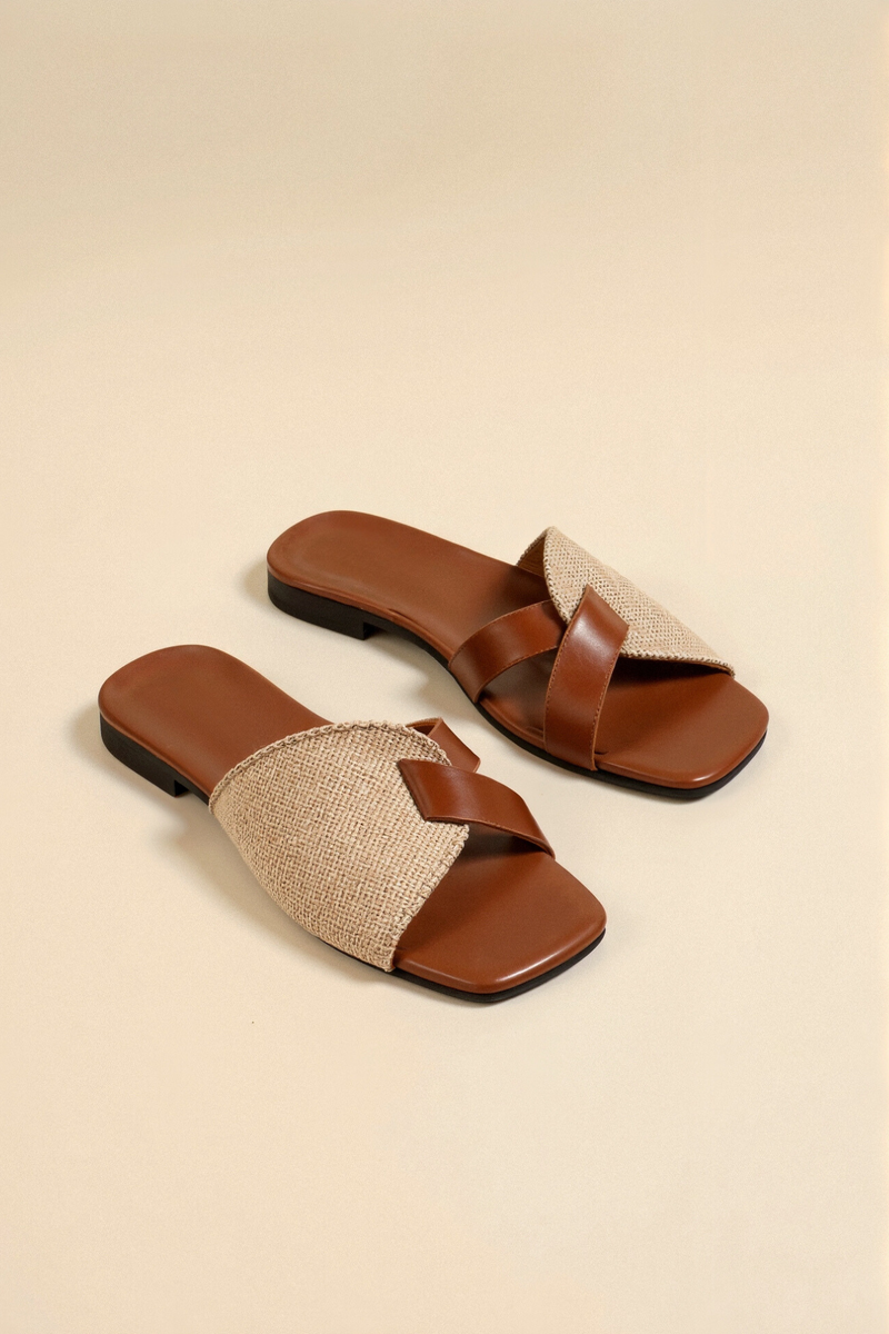 Brown Tan Brown Cross-band Flat Slide Sandals - Photo 3