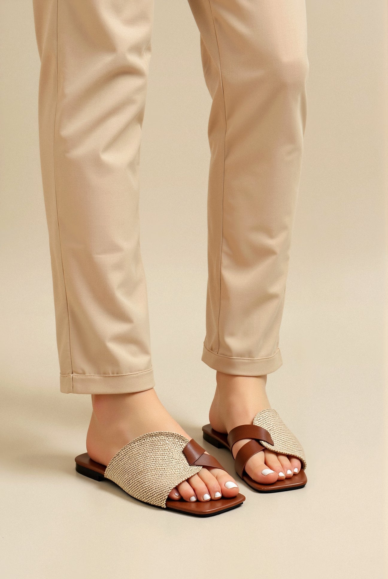 Brown Tan Brown Cross-band Flat Slide Sandals - Photo 6
