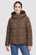 Teddy-Lined Hooded Puffer Jacket in Brown — studio front