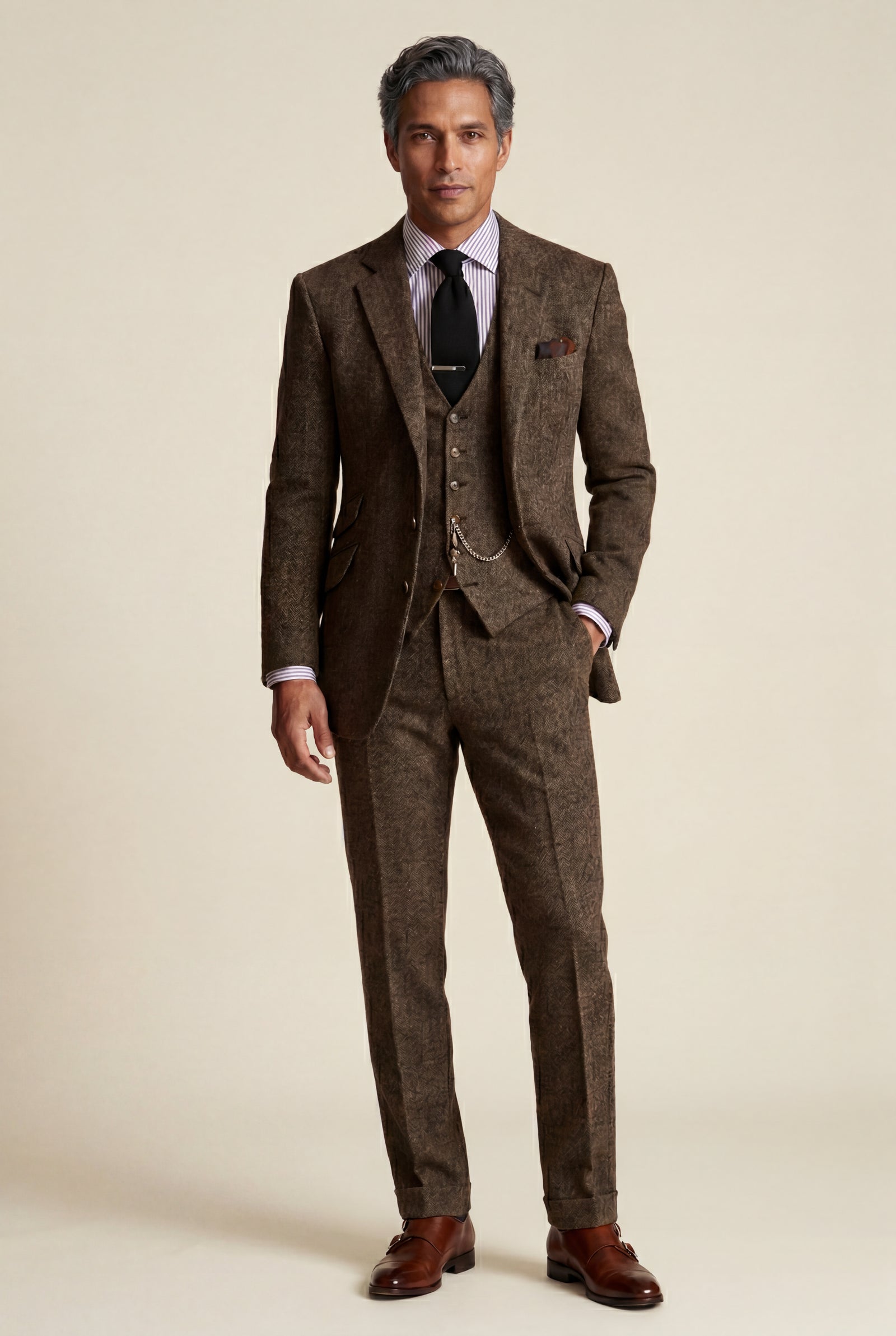 Brown Textured Three-piece Suit with Notched Lapels - Photo 1