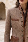 Tweed Jacket with Leather Trim in Brown — studio detail
