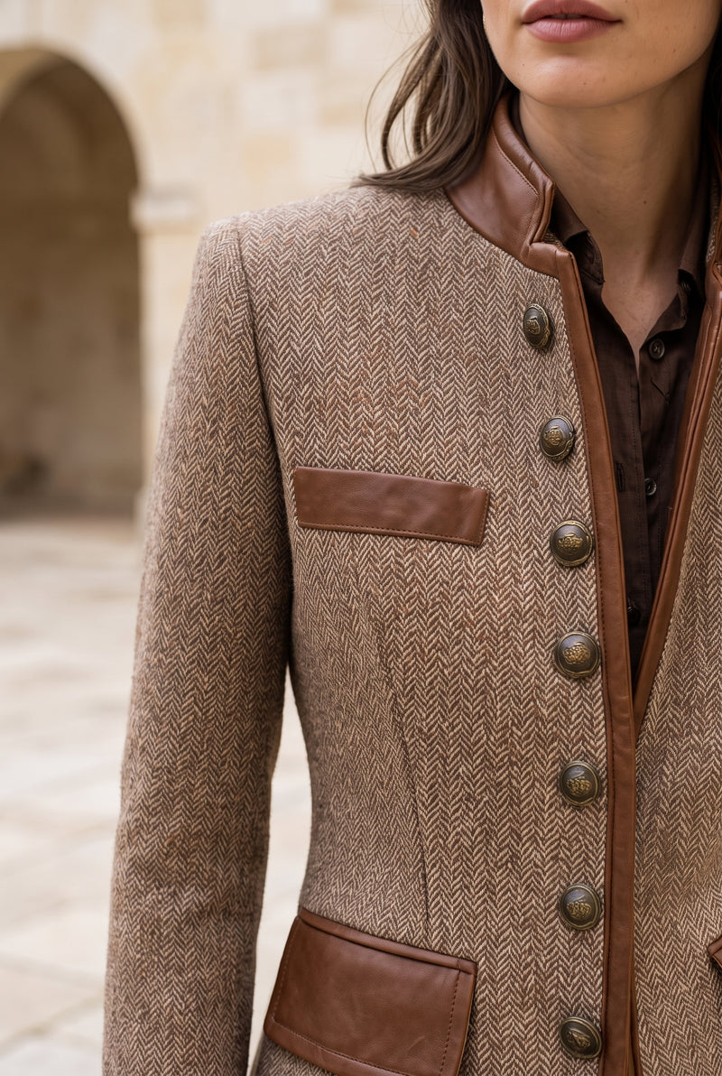 Tweed Jacket with Leather Trim in Brown — studio detail